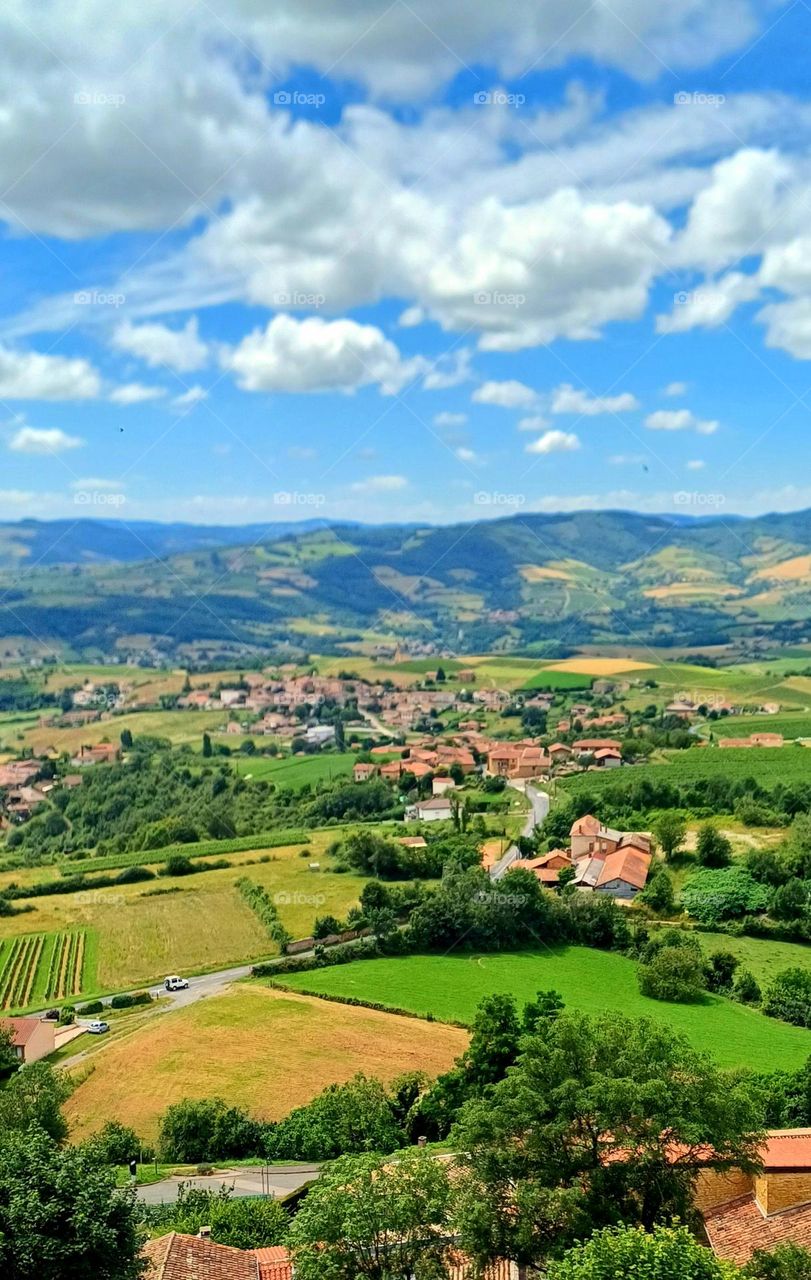 View in the tower of the Medieval Village of Oingt in France. Europe.