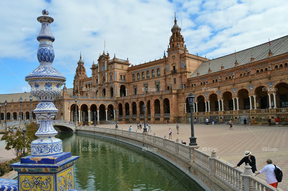 Pavilion building. View of the pavilion building and river at Plaza de España, Seville, Spain.