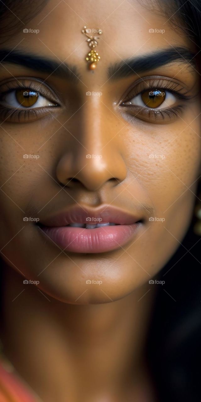 half face close-up of a beautiful Indian woman with brown eyes