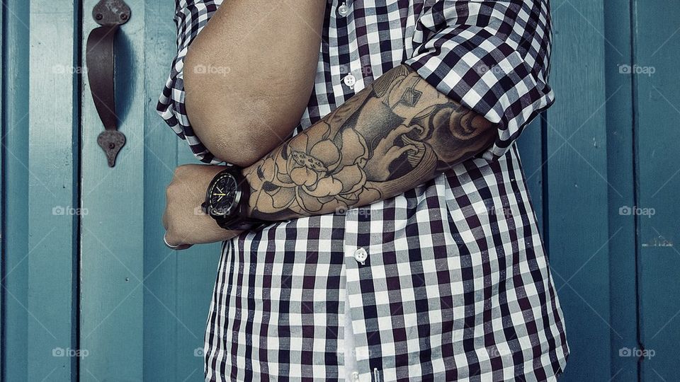 Close up of a full arm tattoo