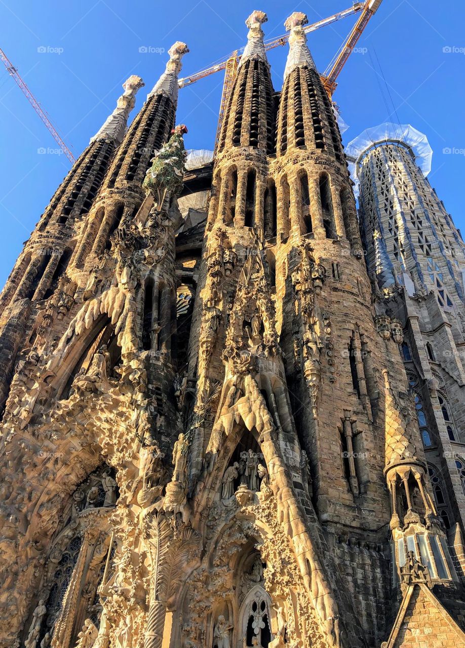 Bottom up view to the magnificent Sagrada Familia on a bright day