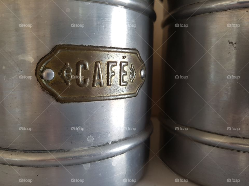 close up of retro vintage antique metallic box to keep coffee, displayed as home decor