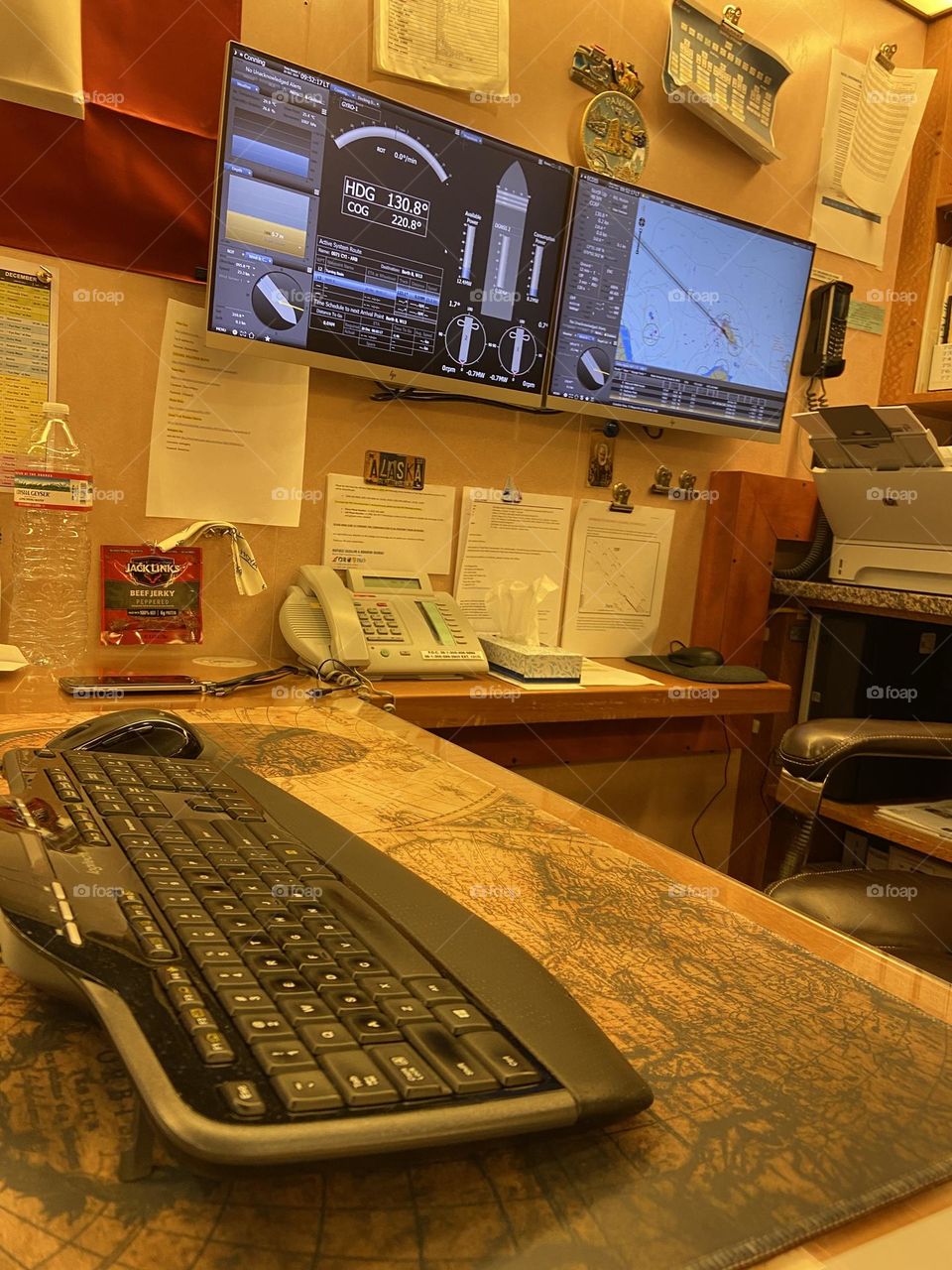 When the Captain is not on the bridge, he is working in his office. 