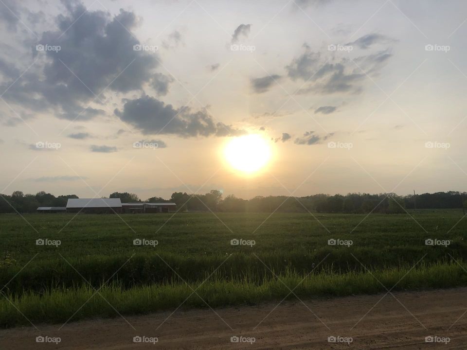 Country Sunset Barn in Background Green Hayfield Cloudy Day 