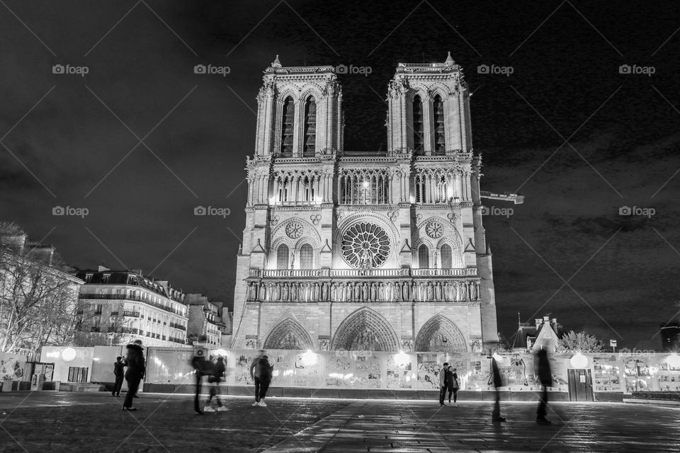 Notre Dame cathedral in France in black and white