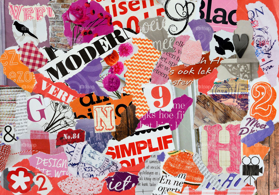 collage moodboard made of pieces of paper results in color art