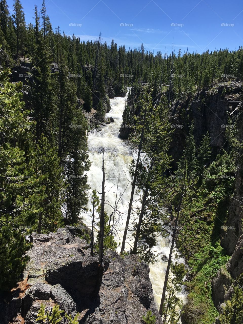 Beautiful waterfall flowing down a mountain in Yellowstone National Park 