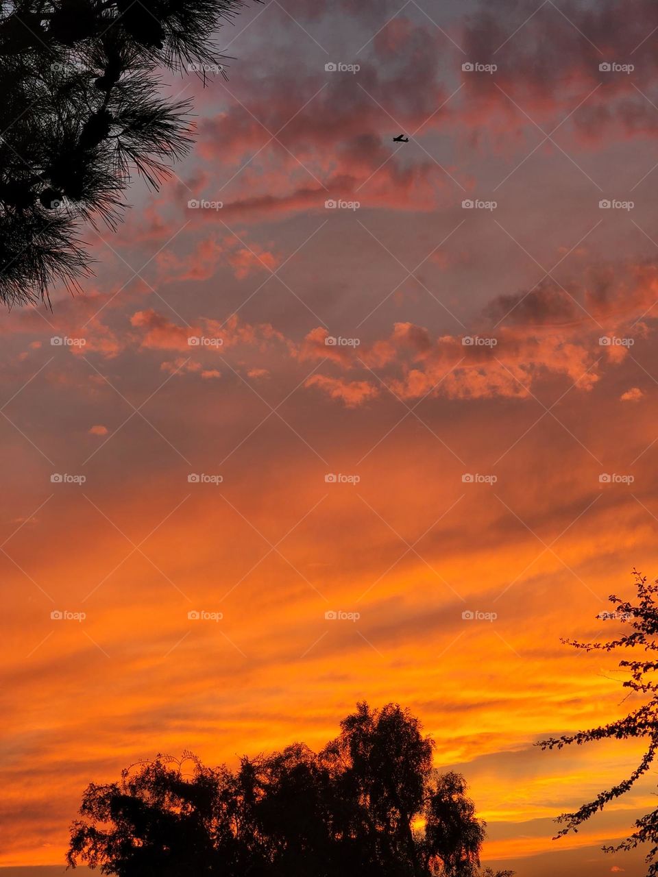 A private airplane flies past a gorgeous desert sunset as summer comes to a close