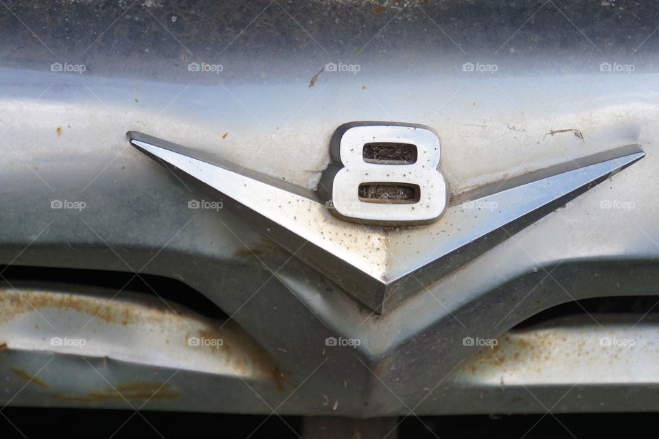 Macro photography of V8 Ford Emblem 