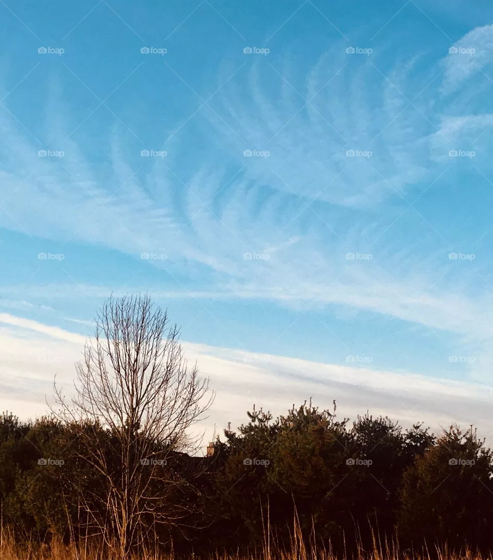 Feather clouds move across a pale blue sky on a cold winter day