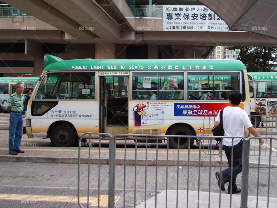 Green Toyota Coaster minibus in Hong Kong 