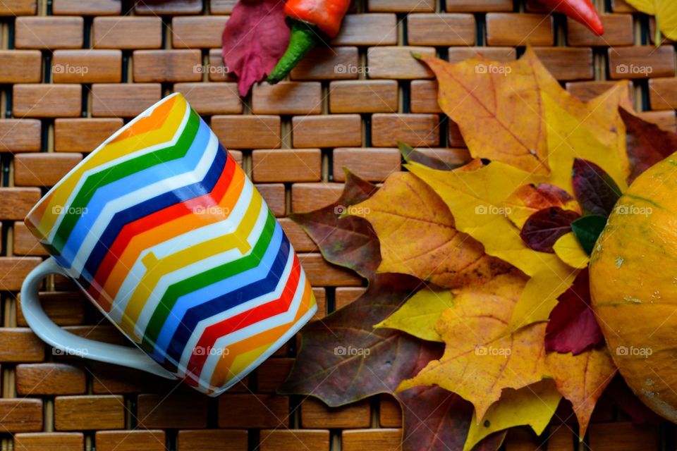 love autumn time lifestyle cup, vegetables and colour leaves