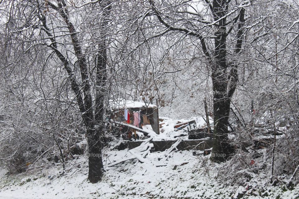 A small modest shack in nature covered with snow