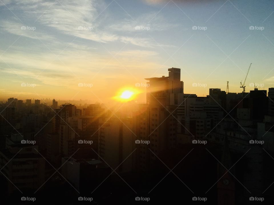 Sunset and skyscrapers in Sao Paulo Brazil