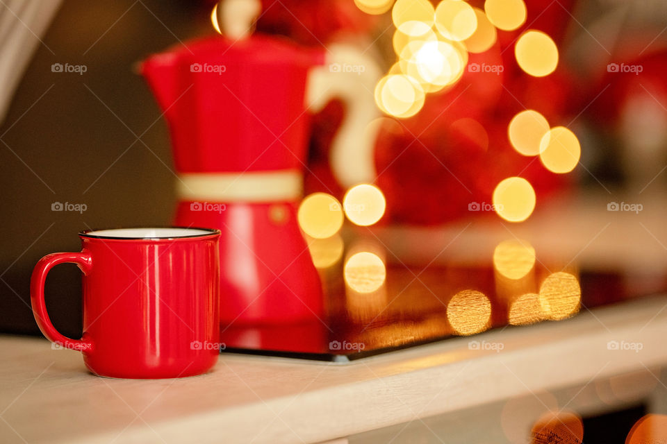 cup of coffee in a cozy festive Christmas atmosphere