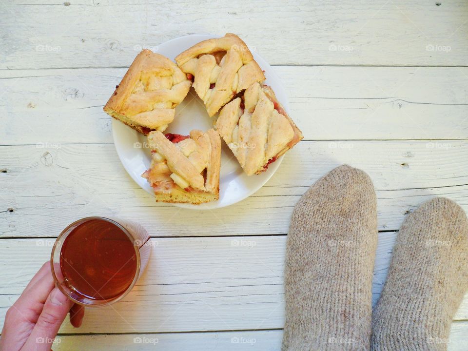 Close-up of pie with tea