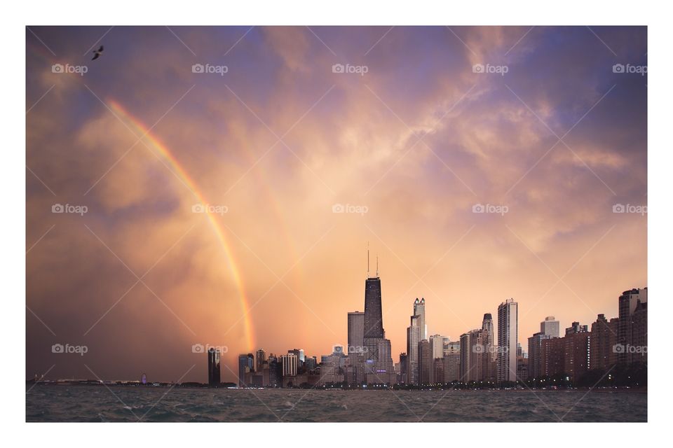 Scenic view of cityscape at sunset