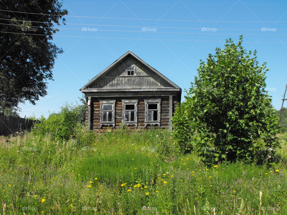 Old abandoned russian cottage in summer