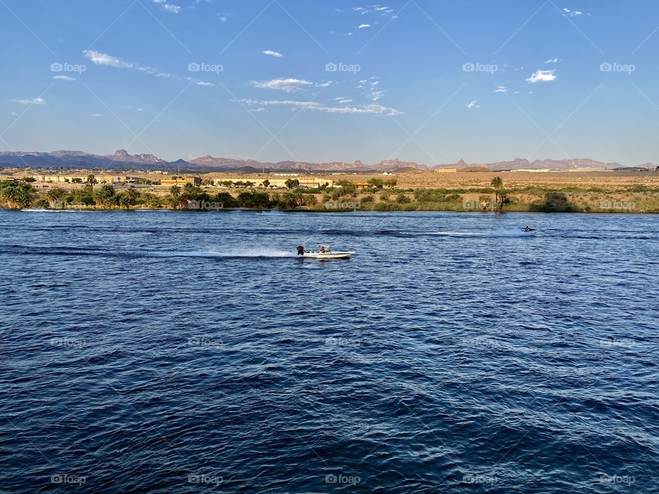 View of the Colorado River from the Laughlin Boardwalk in Laughlin Nevada 