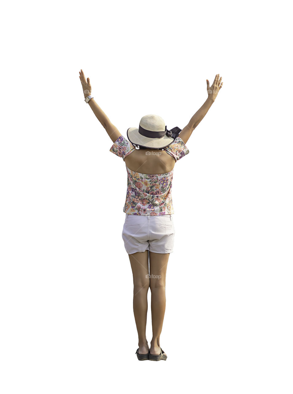 The image behind the woman raise their arms on a white background with clipping path.