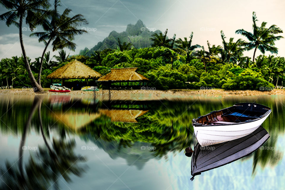 tropical island beach mountain water reflection photography with boating