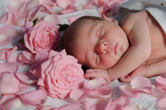 Newborn baby sleeping among roses