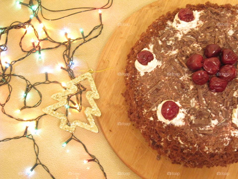 Cherry cake with cognac and chocolate