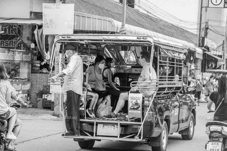 A Songthaew or Baht Taxi in the streets of Pattaya District Chonburi in Thailand Southeast Asia