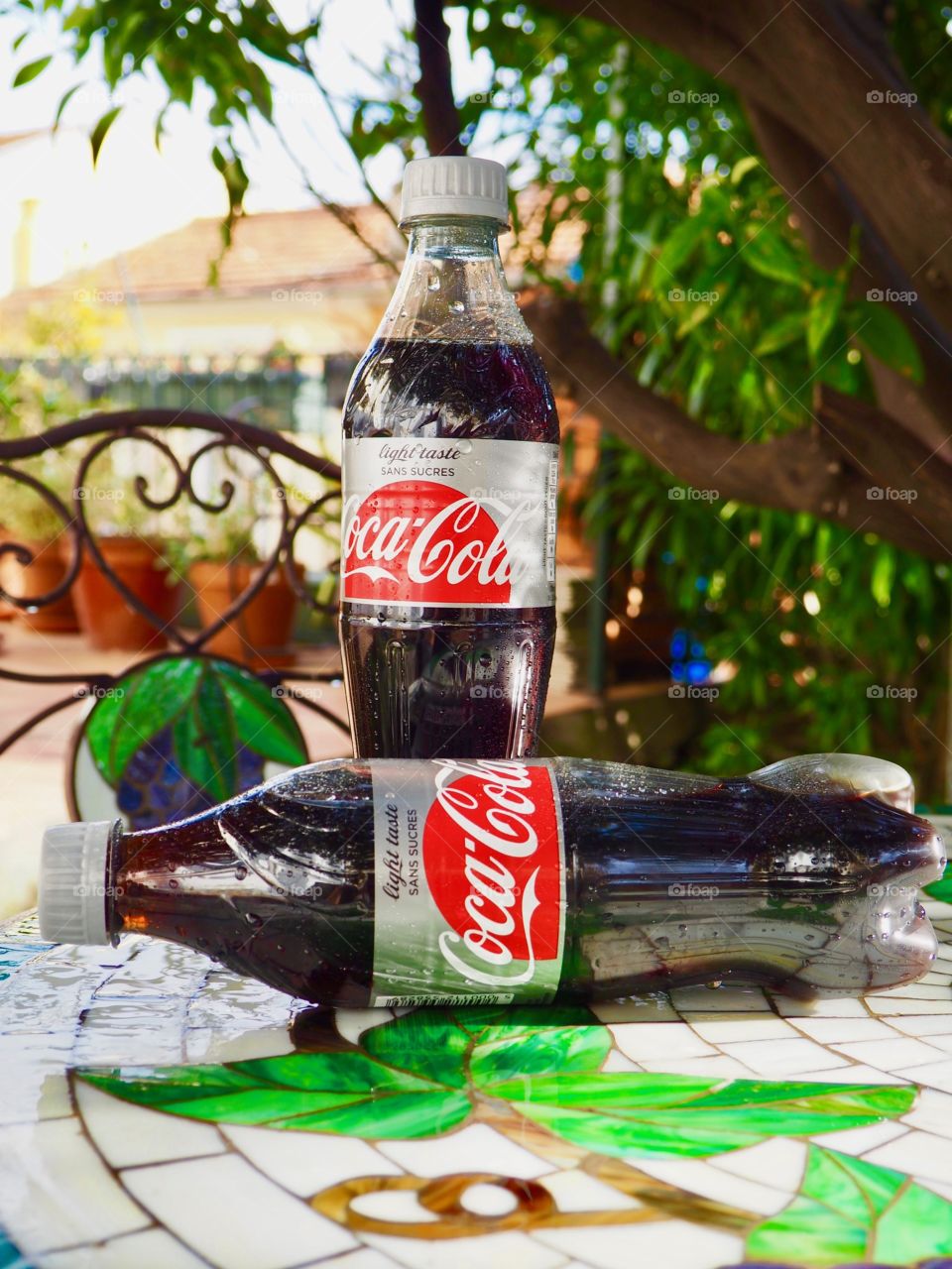 Two Diet Coke bottles on garden table.