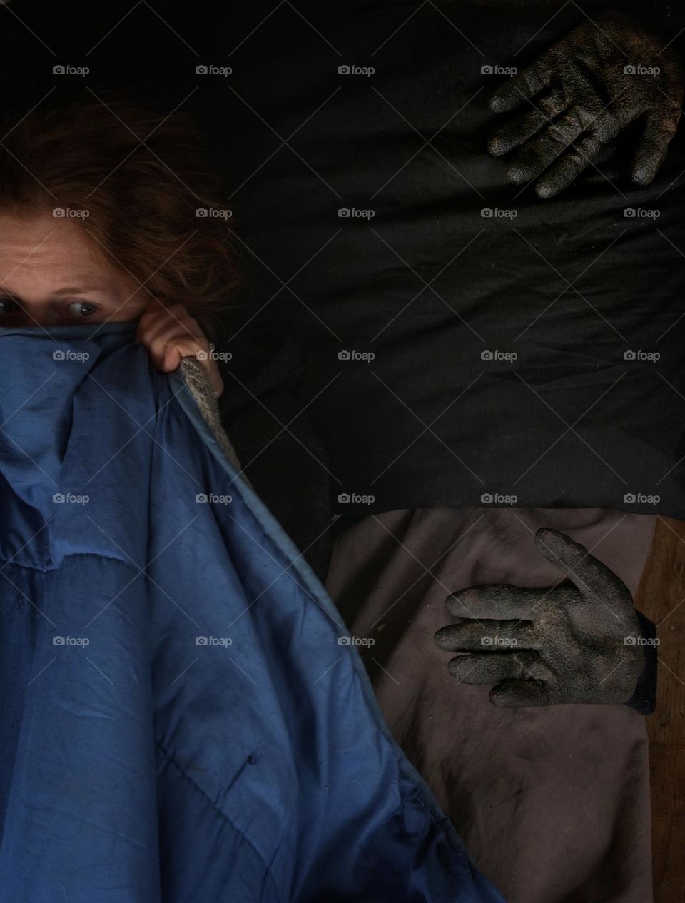 Emotions: Fear. Girl peeking out from under the covers, hiding from the monsters reaching out from under the bed.