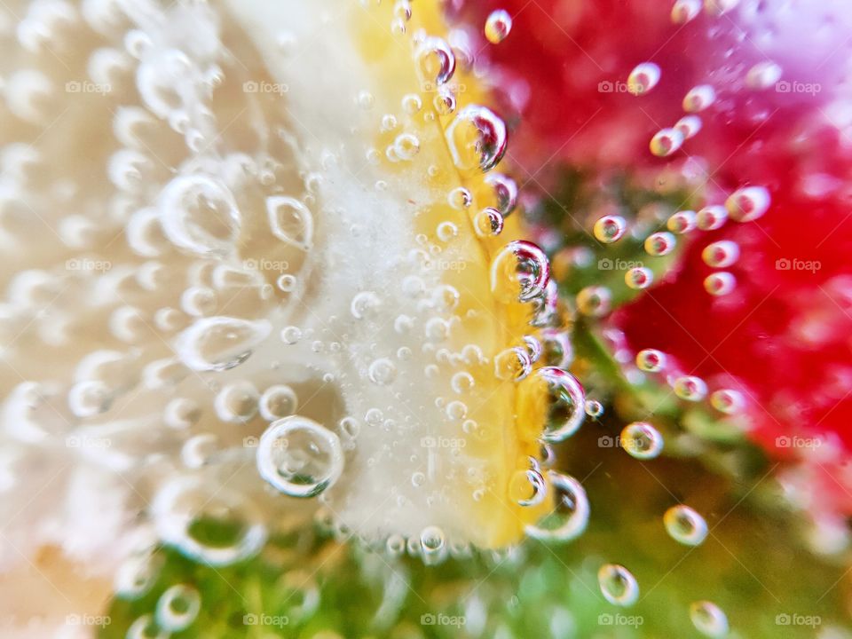 lime, lemon, raspberry and mint in lemonade bubbles.