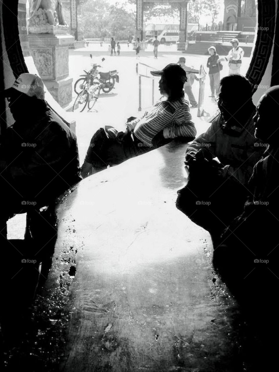 People sit in a temple