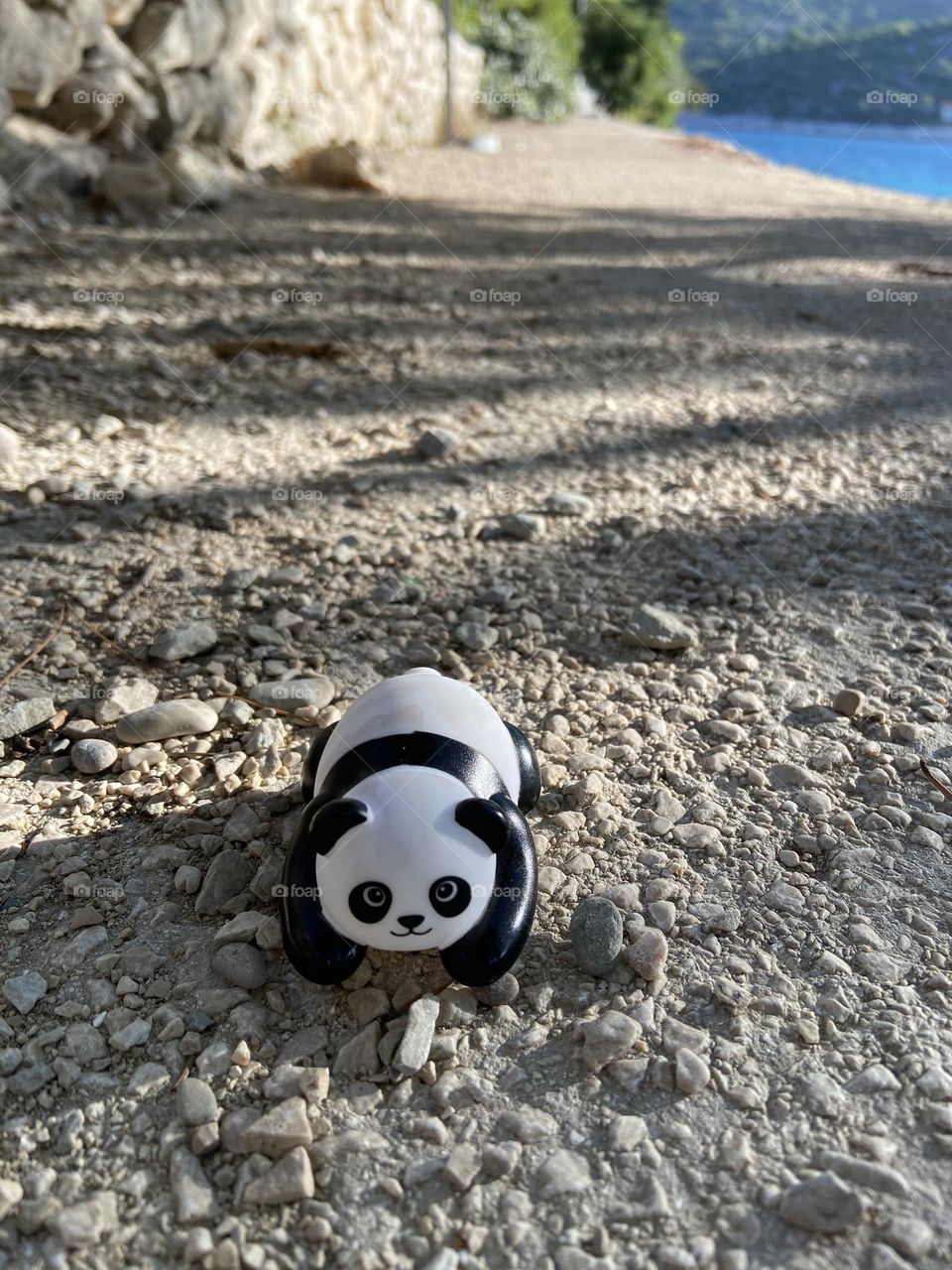 A lost toy panda found on a walking path by sea.