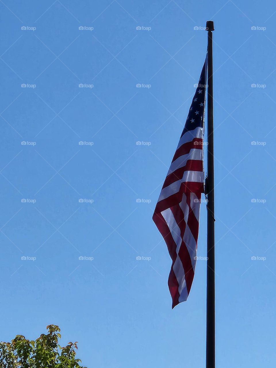 American flag hanging on a dark pole against clear blue sky in Oregon