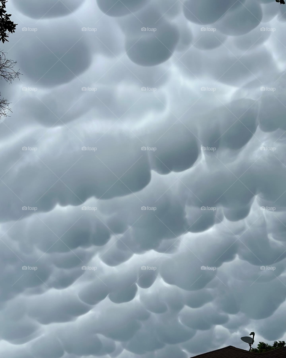 The image shows a sky filled with unique, bulbous cloud formations known as mammatus clouds. These clouds have a distinctive, pouch-like appearance, hanging down from the sky. The overall atmosphere suggests an impending storm or unusual weather.