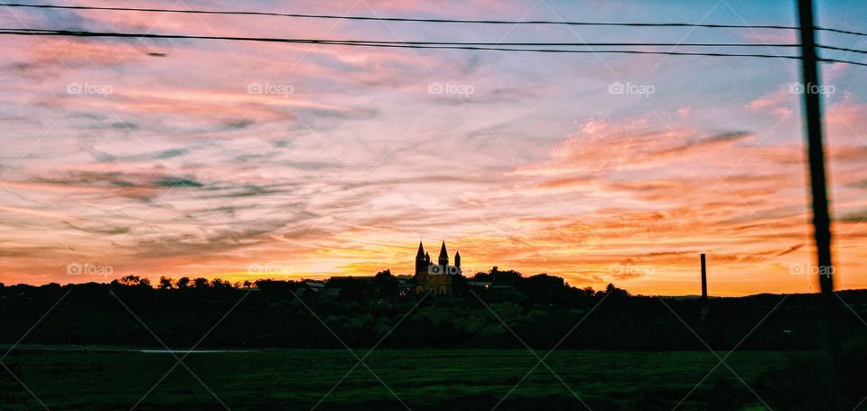 Sunset, basilica at Saint Vincent College, Latrobe, PA, fall 2017