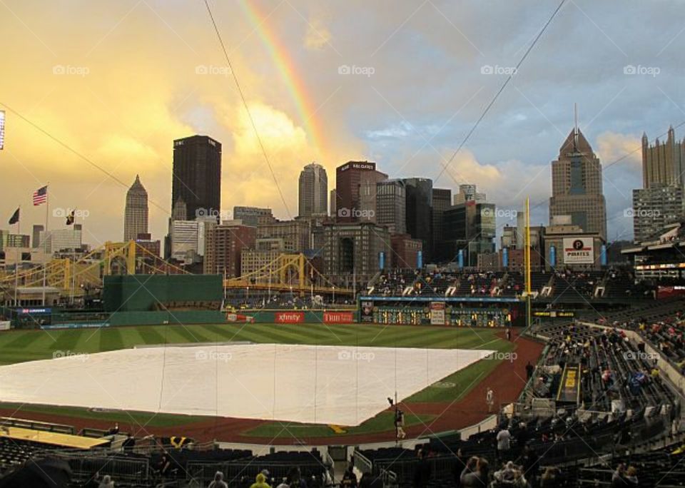 PNC Park stadium after storm with rainbow