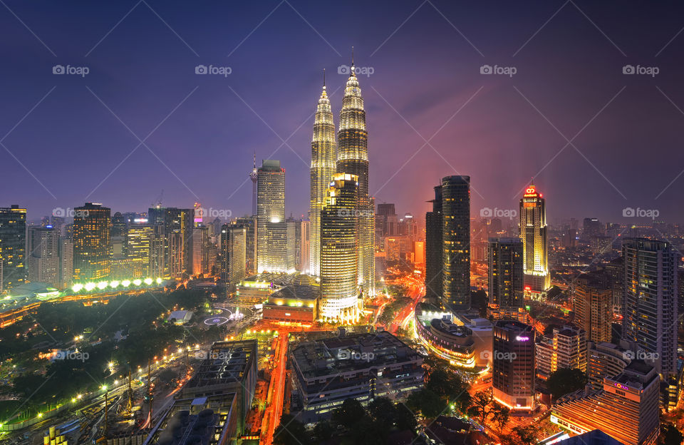 Kuala Lumpur in blue hour. Magnificent view of Kuala Lumpur City Centre during blue hour