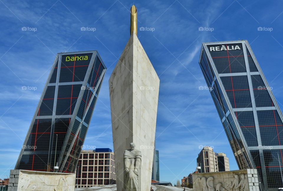 Gate of Europe. The KIO towers, first inclined skyscrapers built in the world, viewed from Plaza de Castilla, in Madrid