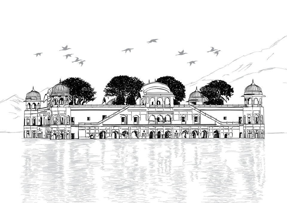 Jal Mahal illustration, Jaipur, Rajasthan, India