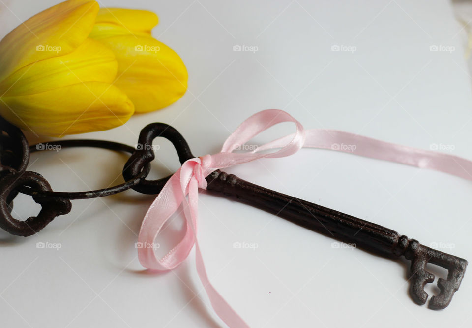 key heart pink ribbon bow tulips