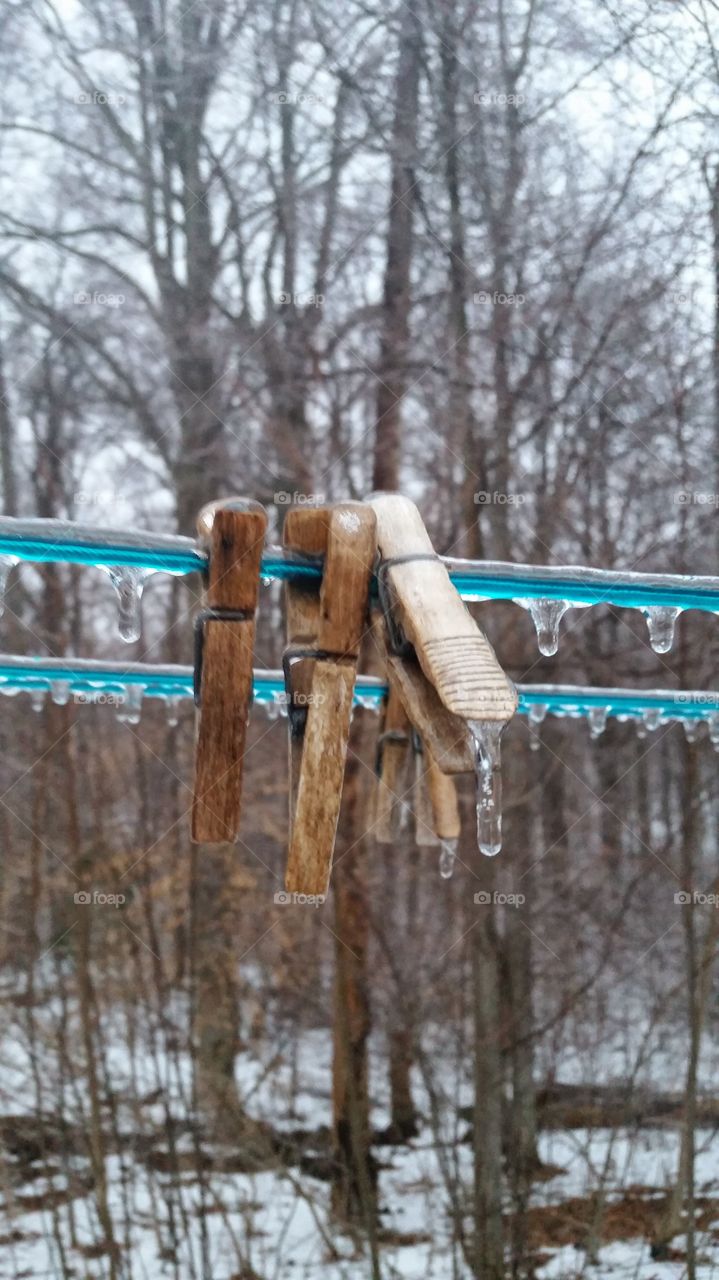 Detail of clothespin after freezing rain
