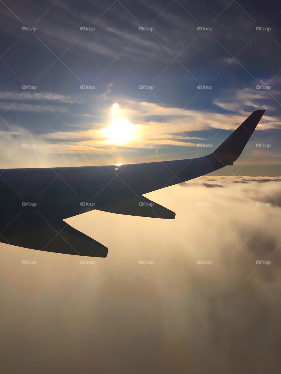 The bright sunlight reflecting off a jetliner in flight.