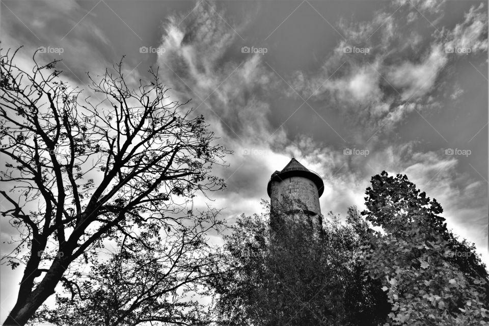 concrete watertower rising up behind bare trees with clouds in the background black and white