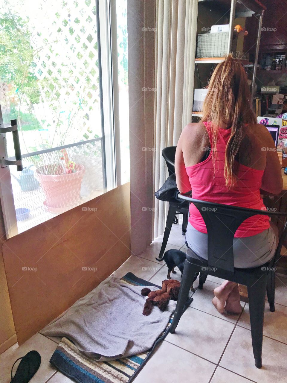 Working from home during the coronavirus pandemic near a big open window, woman working