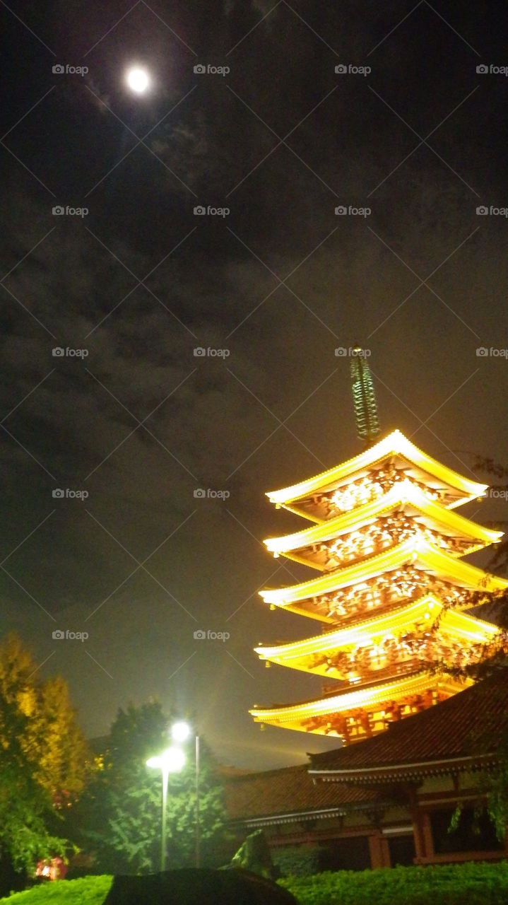 Five story golden pagoda. A wonderfully lighted up five story pagoda in Asakusa, Tokyo. 