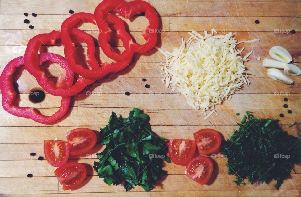 Vegetables on cutting board. Cooking
