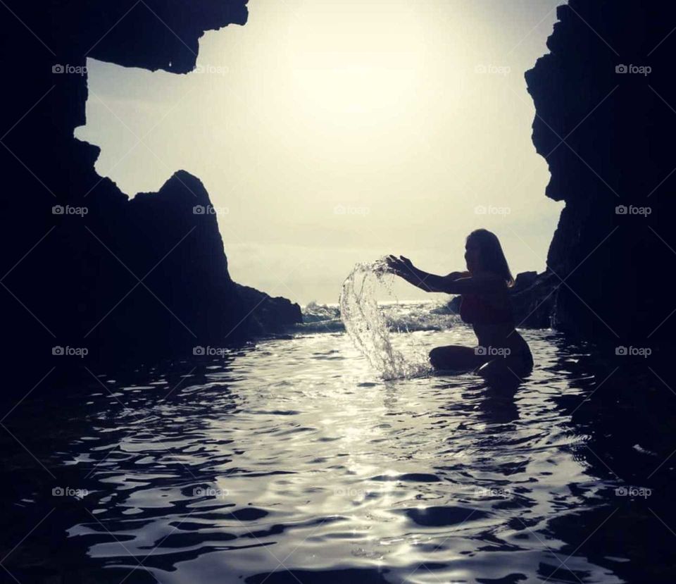 Cave#rocks#sea#human#girl#silhouette#sunrise