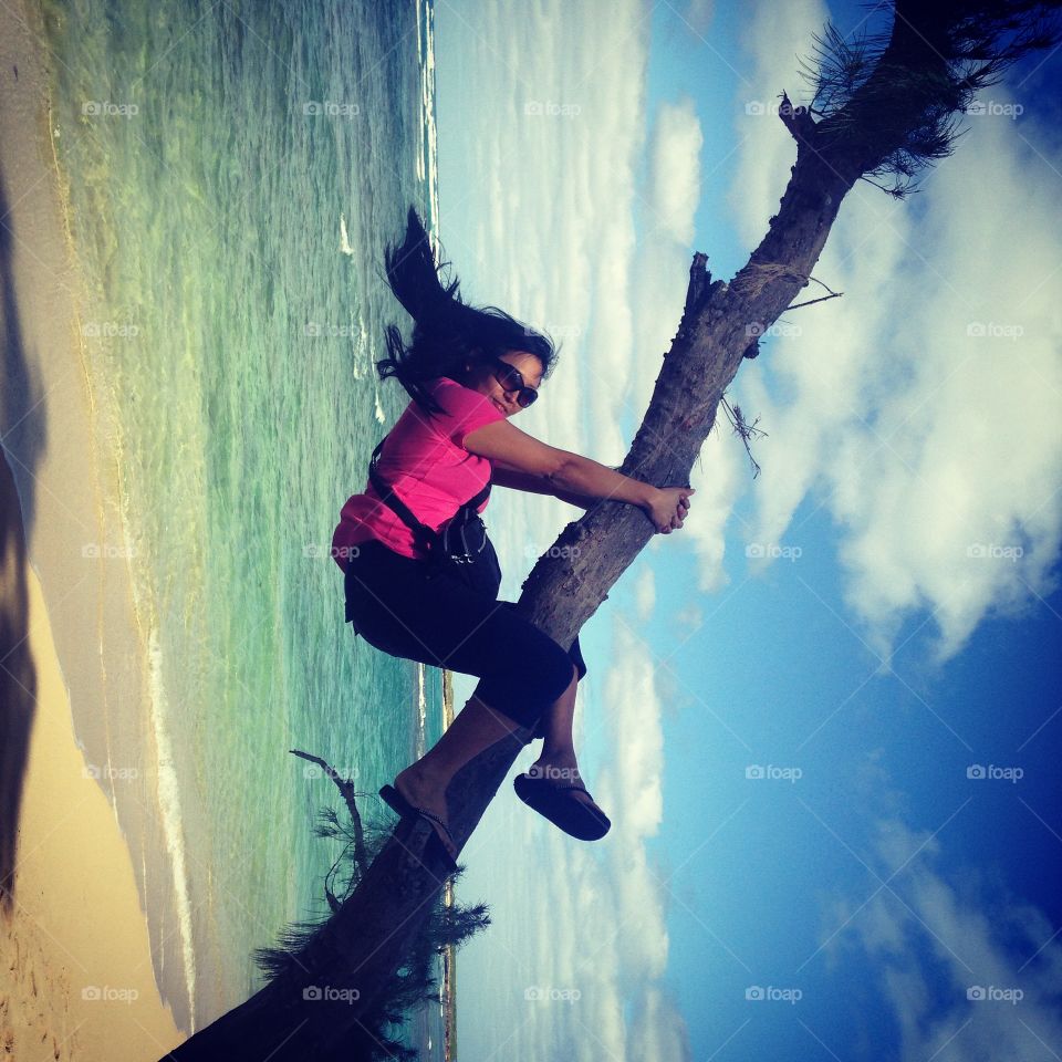 Climbing on a tree at a beach on the North Shore of Oahu