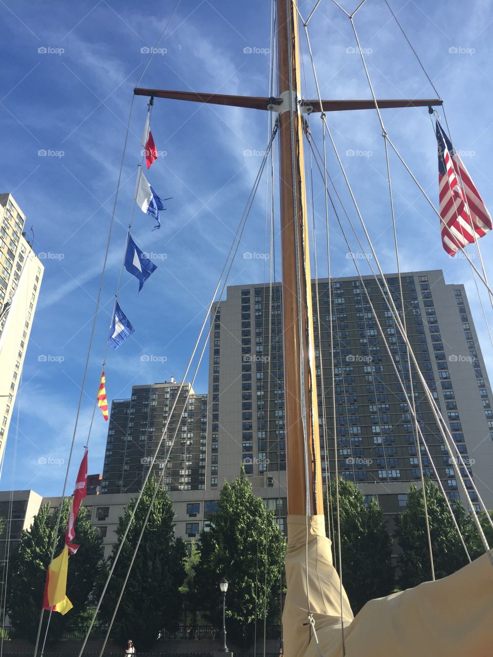 Nautical flags strung up on this boat docked in downtown NYC
